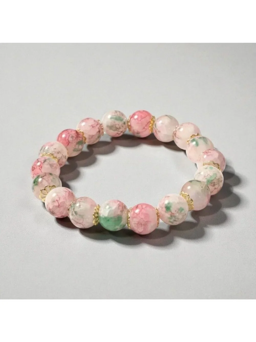 Crackled Glass Ombre Cherry Blossom Bracelet - Pink & Green Floral Stretch Brace